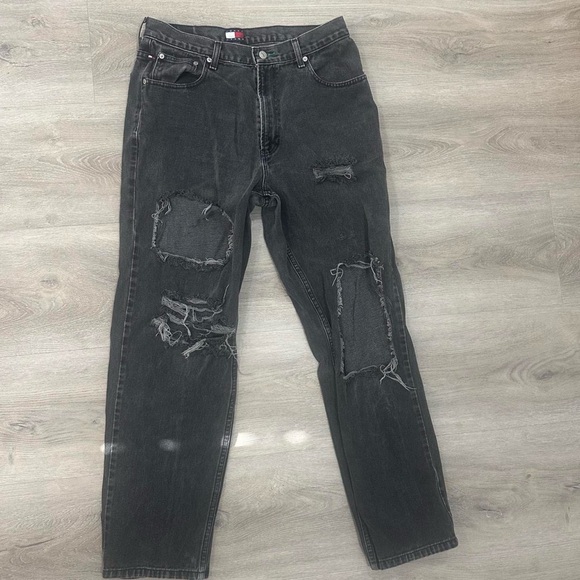 Vintage Tommy Hilfiger Distressed Dark Grey Baggy, Straight Leg Jeans - Picture 1 of 6
